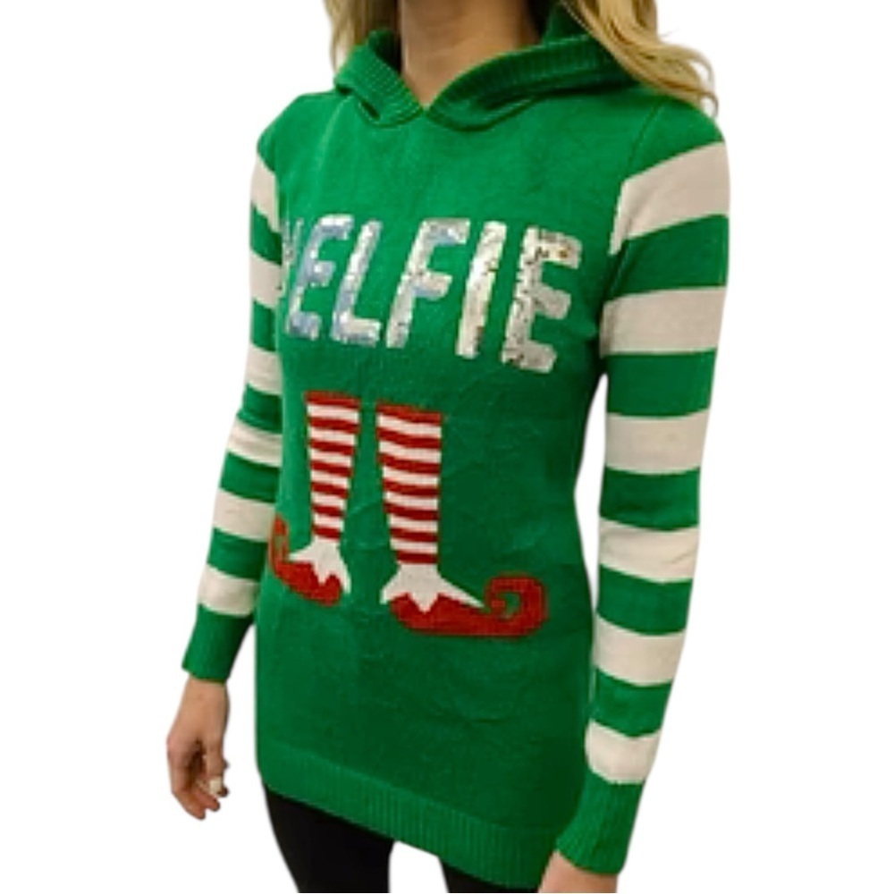 NO BOUNDARIES #ELFIE UGLY CHRISTMAS SWEATER WITH HOOD SZ LG JUNIORS EUC